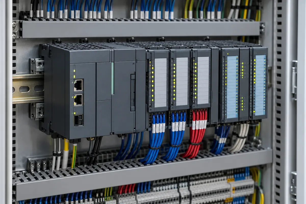 PLC و ماژول‌های ورودی و خروجی داخل تابلو اتوماسیون